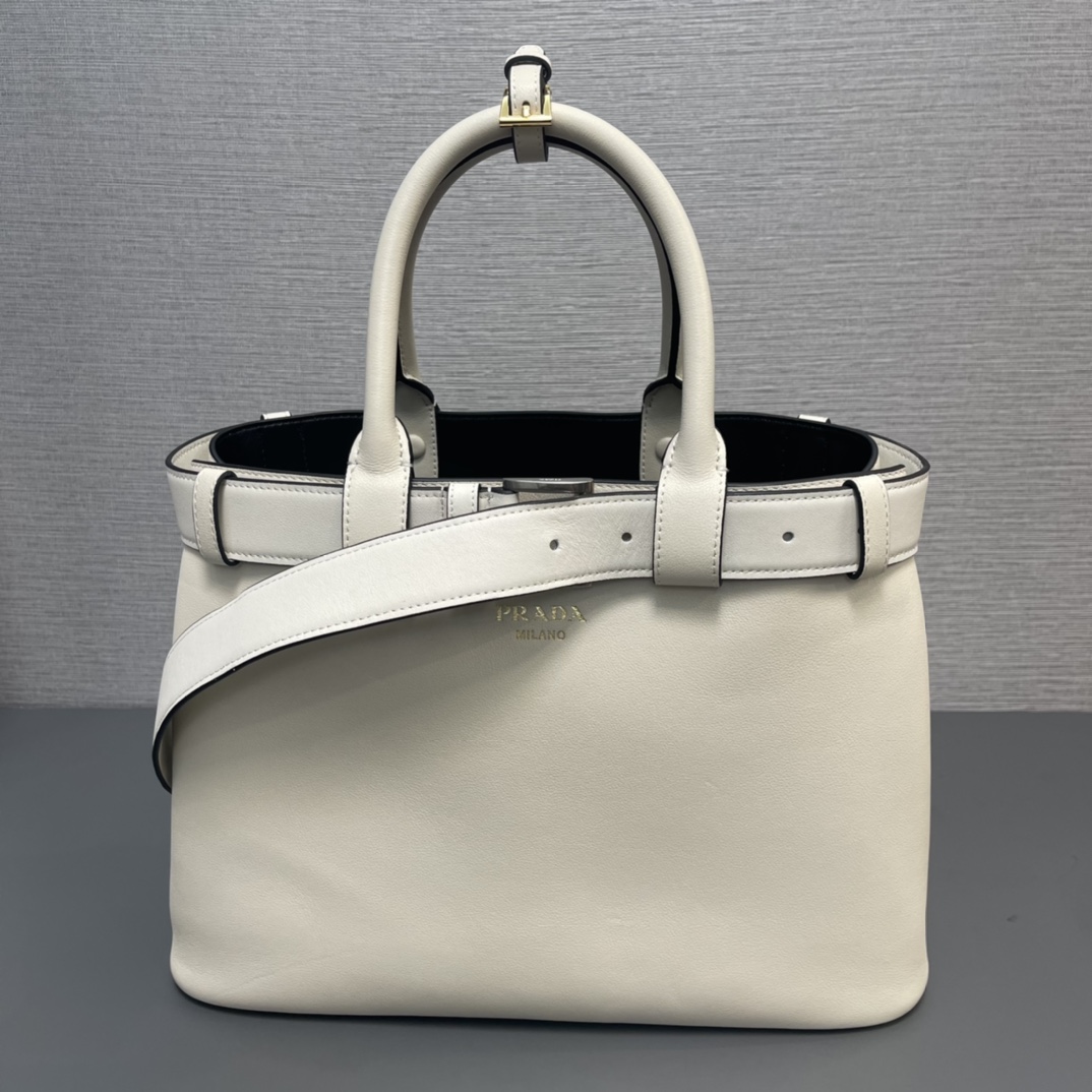 Prada Medium Buckle Leather Handbag Shoulder Bag With Belt White 1BA417